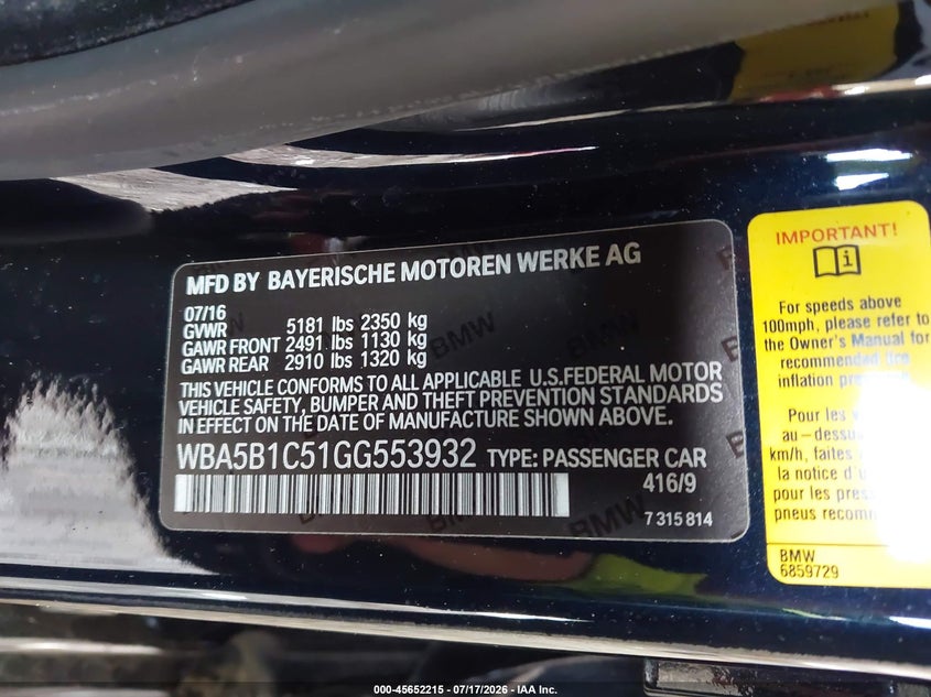 2016 BMW 535I VIN: WBA5B1C51GG553932 Lot: 45652215