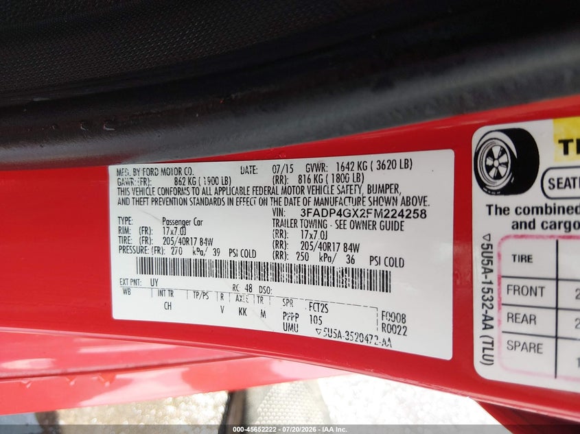 2015 Ford Fiesta St VIN: 3FADP4GX2FM224258 Lot: 45652222