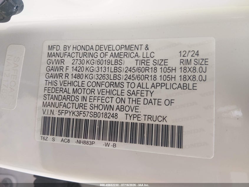HONDA RIDGELINE 2025 VIN 5FPYK3F57SB018248