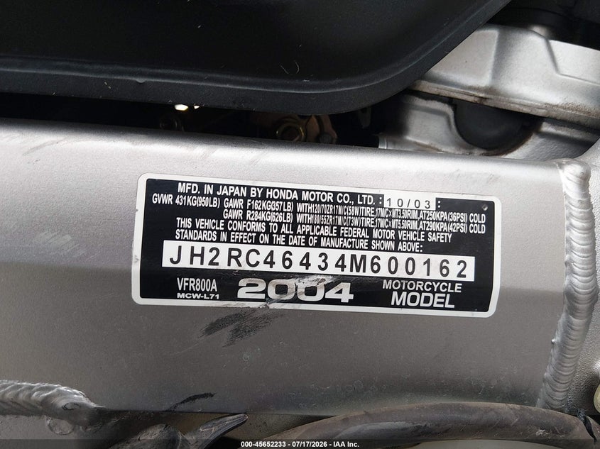 2004 Honda Vfr800 A VIN: JH2RC46434M600162 Lot: 45652233
