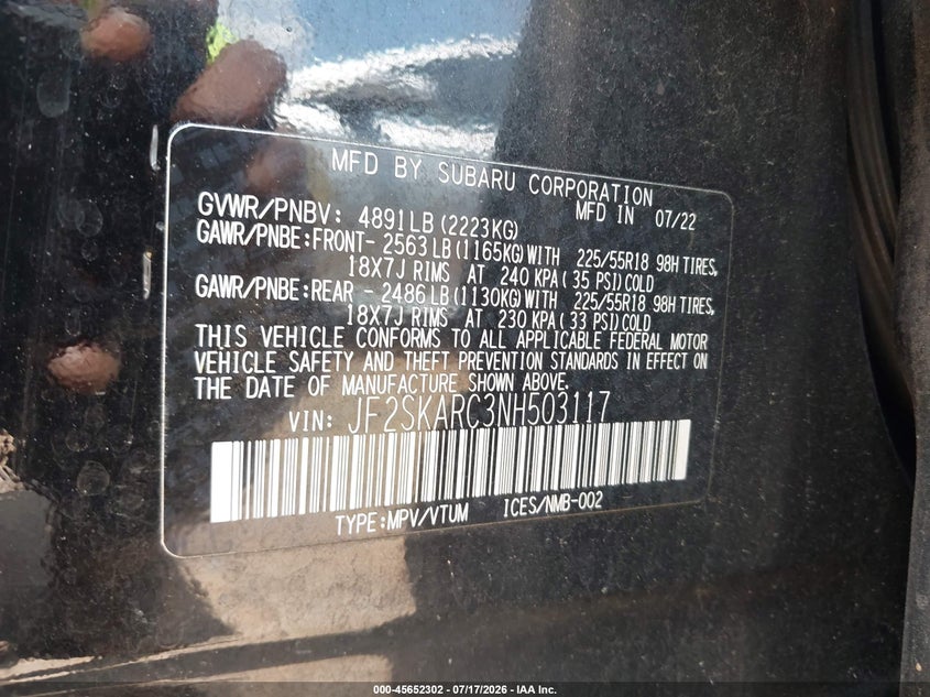 2022 Subaru Forester Touring VIN: JF2SKARC3NH503117 Lot: 45652302