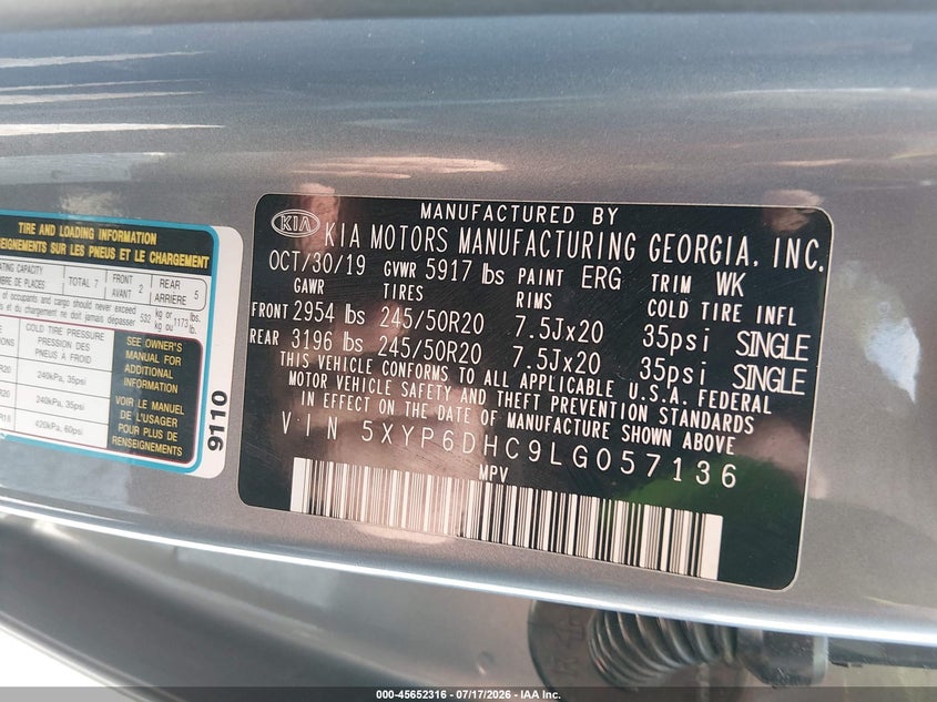 2020 Kia Telluride S VIN: 5XYP6DHC9LG057136 Lot: 45652316