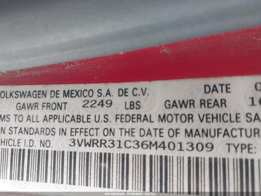 2006 Volkswagen New Beetle Tdi VIN: 3VWRR31C36M401309 Lot: 45652329