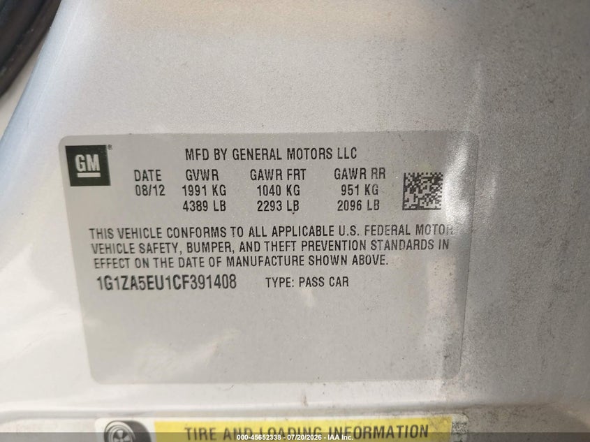 2012 Chevrolet Malibu Ls VIN: 1G1ZA5EU1CF391408 Lot: 45652338