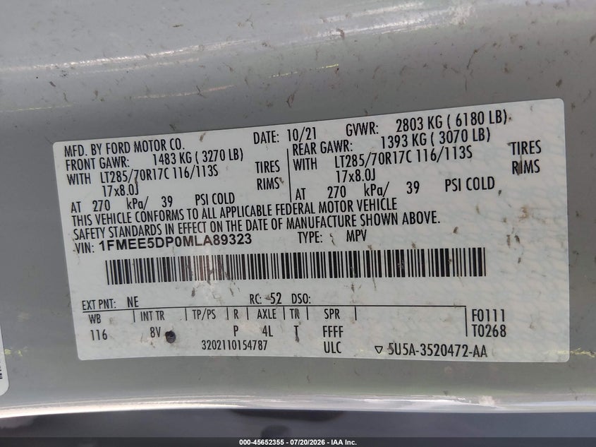 2021 Ford Bronco Badlands VIN: 1FMEE5DP0MLA89323 Lot: 45652355