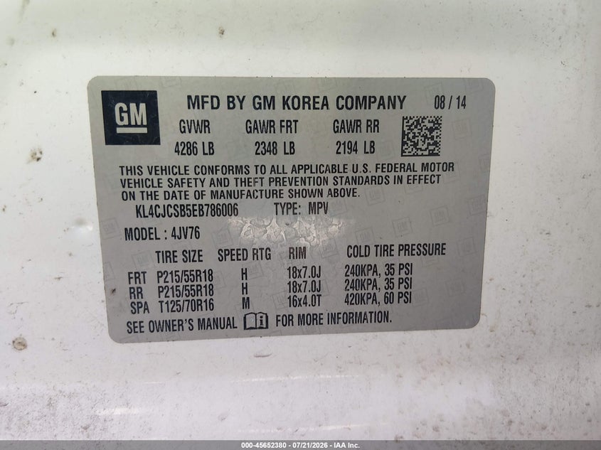 2014 Buick Encore Leather VIN: KL4CJCSB5EB786006 Lot: 45652380