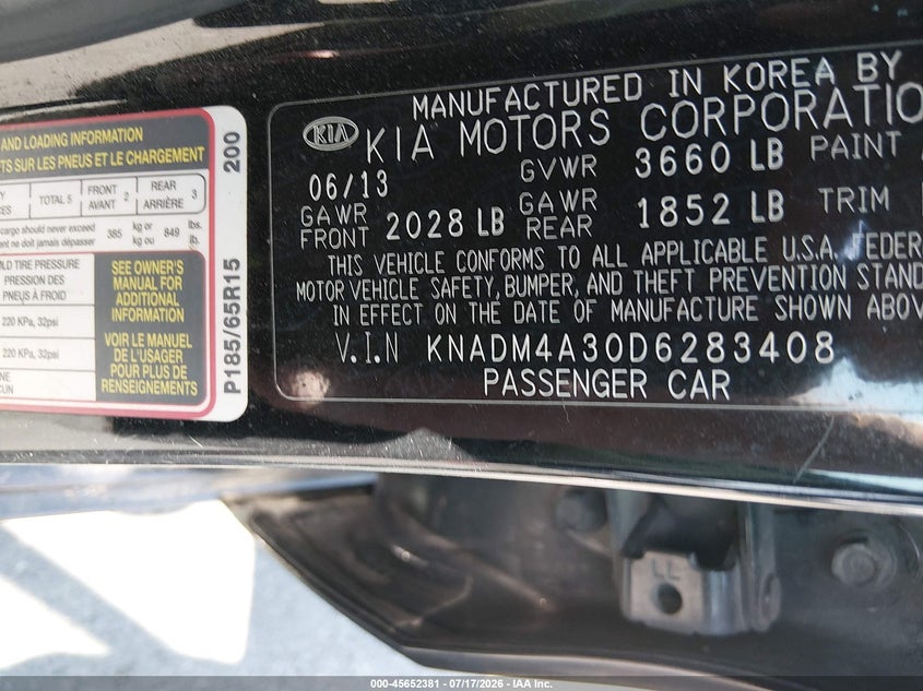 2013 Kia Rio Lx VIN: KNADM4A30D6283408 Lot: 45652381