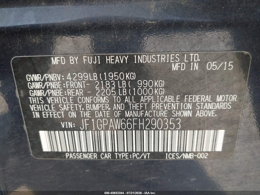2015 Subaru Impreza 2.0I Sport Limited VIN: JF1GPAW66FH290353 Lot: 45652384