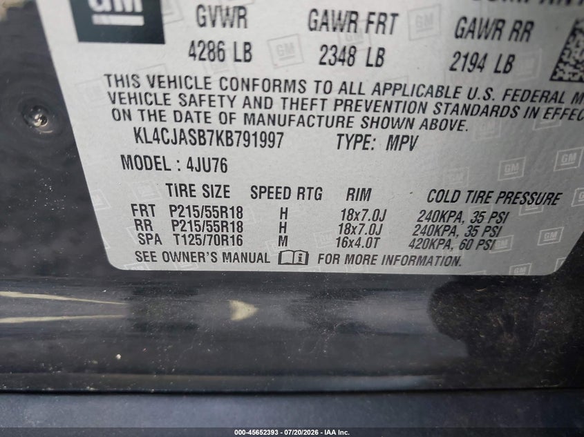 2019 Buick Encore Fwd Preferred VIN: KL4CJASB7KB791997 Lot: 45652393