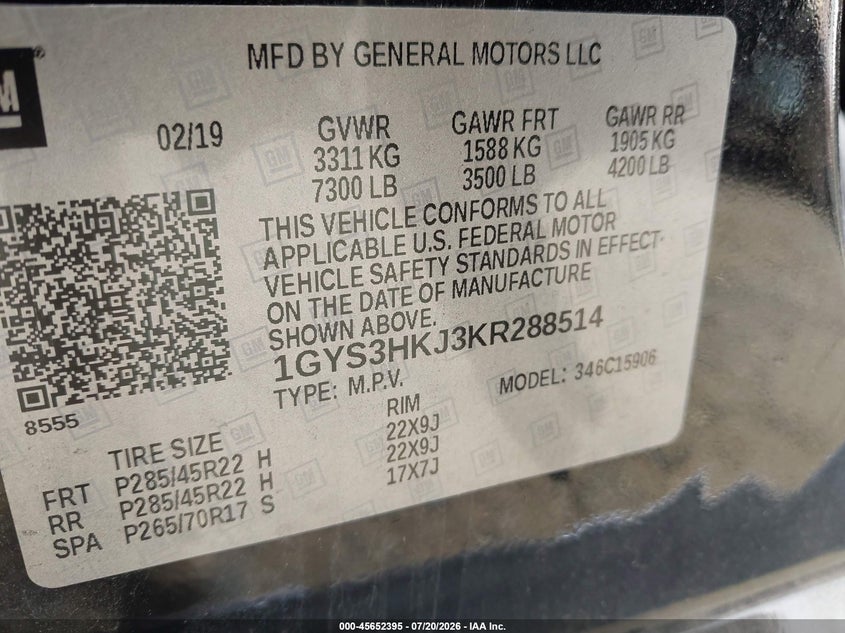 2019 Cadillac Escalade Esv Luxury VIN: 1GYS3HKJ3KR288514 Lot: 45652395