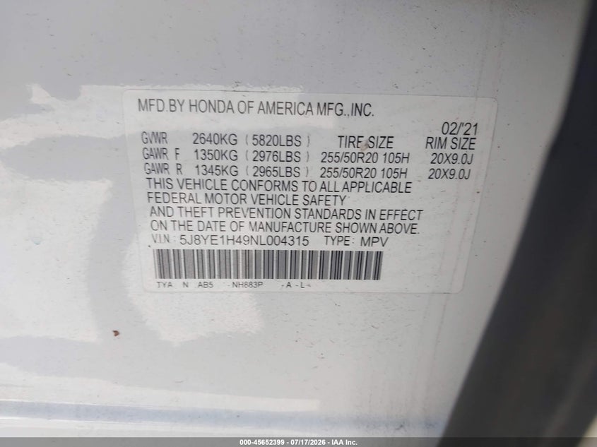 2022 Acura Mdx Technology Package VIN: 5J8YE1H49NL004315 Lot: 45652399