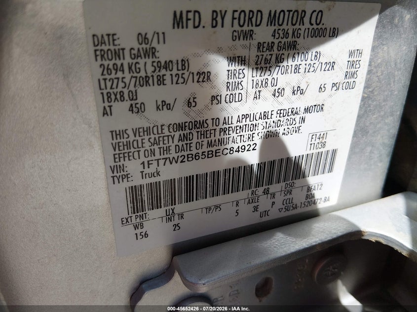 2011 Ford Super Duty F-250 Srw Xlt VIN: 1FT7W2B65BEC84922 Lot: 45652426