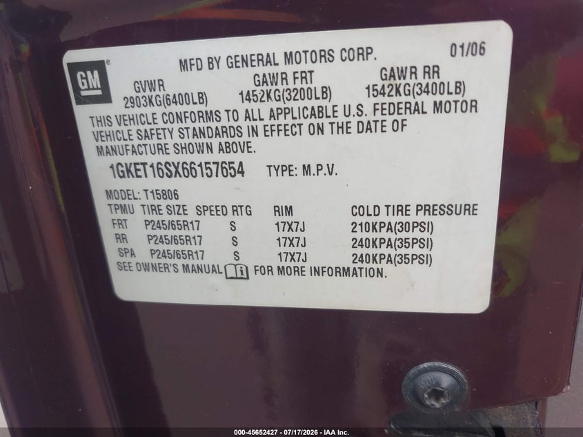 2006 GMC Envoy Xl Slt VIN: 1GKET16SX66157654 Lot: 45652427