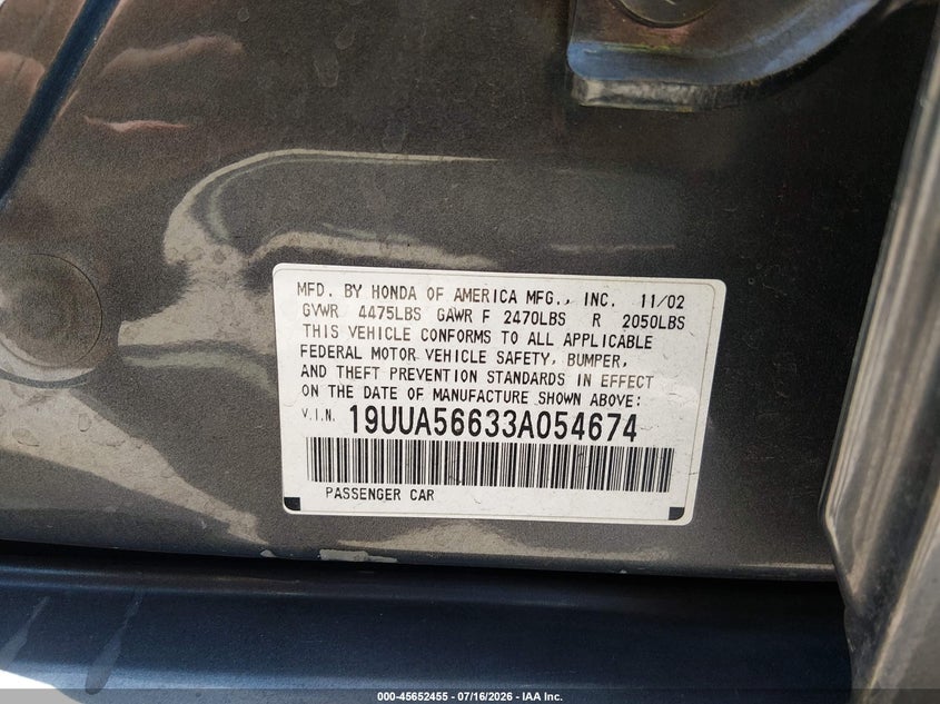2003 Acura Tl 3.2 VIN: 19UUA56633A054674 Lot: 45652455