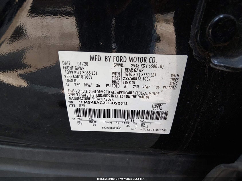Vin: 1fm5k8ac3lgb22513, lot: 46151015, ford police interceptor utility 20204