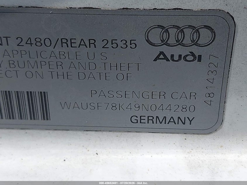 2009 Audi A4 2.0T Premium VIN: WAUSF78K49N044280 Lot: 45652481