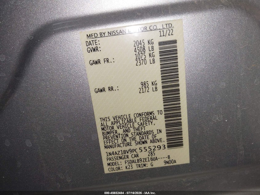 2023 Nissan Leaf S 40 Kwh VIN: 1N4AZ1BV9PC555293 Lot: 45652484