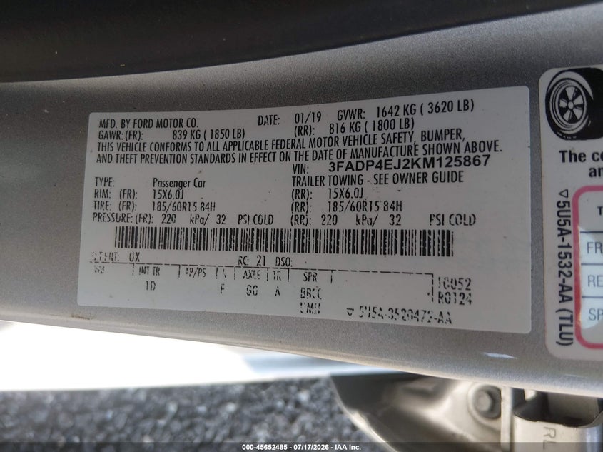 2019 Ford Fiesta Se VIN: 3FADP4EJ2KM125867 Lot: 45652485
