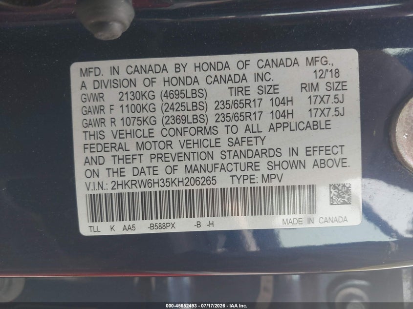 2019 Honda Cr-V Lx VIN: 2HKRW6H35KH206265 Lot: 45652493