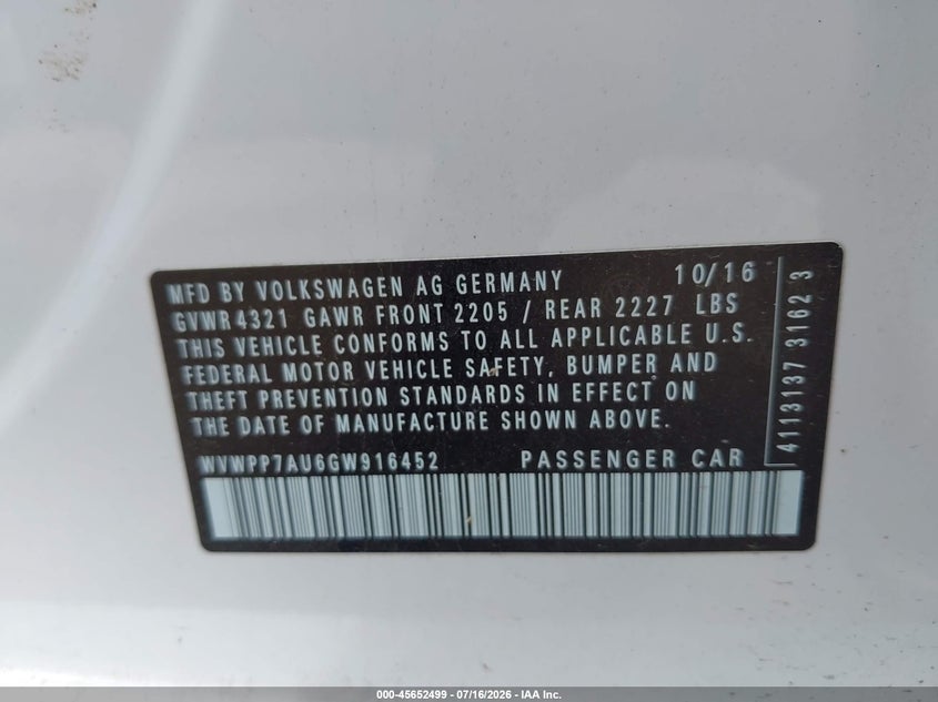 2016 Volkswagen E-Golf Sel Premium VIN: WVWPP7AU6GW916452 Lot: 45652499
