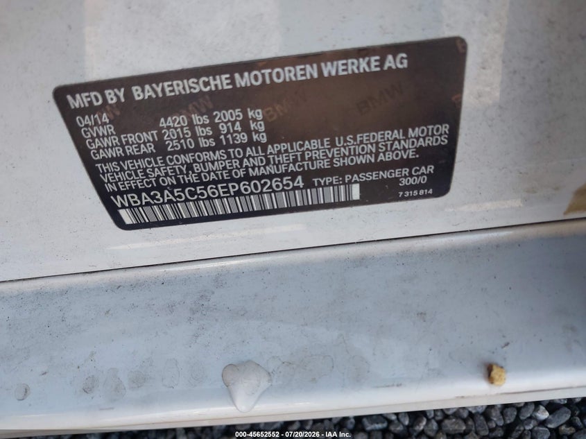 2014 BMW 328I VIN: WBA3A5C56EP602654 Lot: 45652552