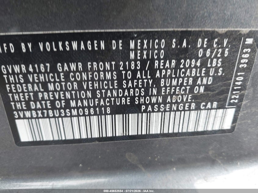 2025 Volkswagen Jetta 1.5T Sport VIN: 3VWBX7BU3SM096118 Lot: 45652554