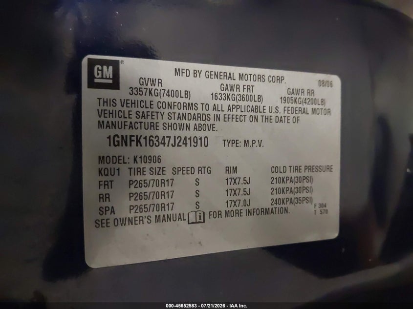 2007 Chevrolet Suburban Lt VIN: 1GNFK16347J241910 Lot: 45652583