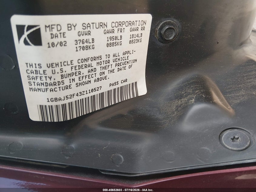 2003 Saturn Ion 2 VIN: 1G8AJ52F43Z110527 Lot: 45652603
