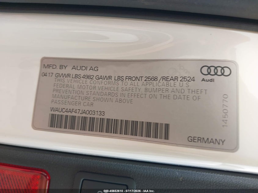 2018 Audi S4 3.0T Premium Plus VIN: WAUC4AF47JA003133 Lot: 45652610