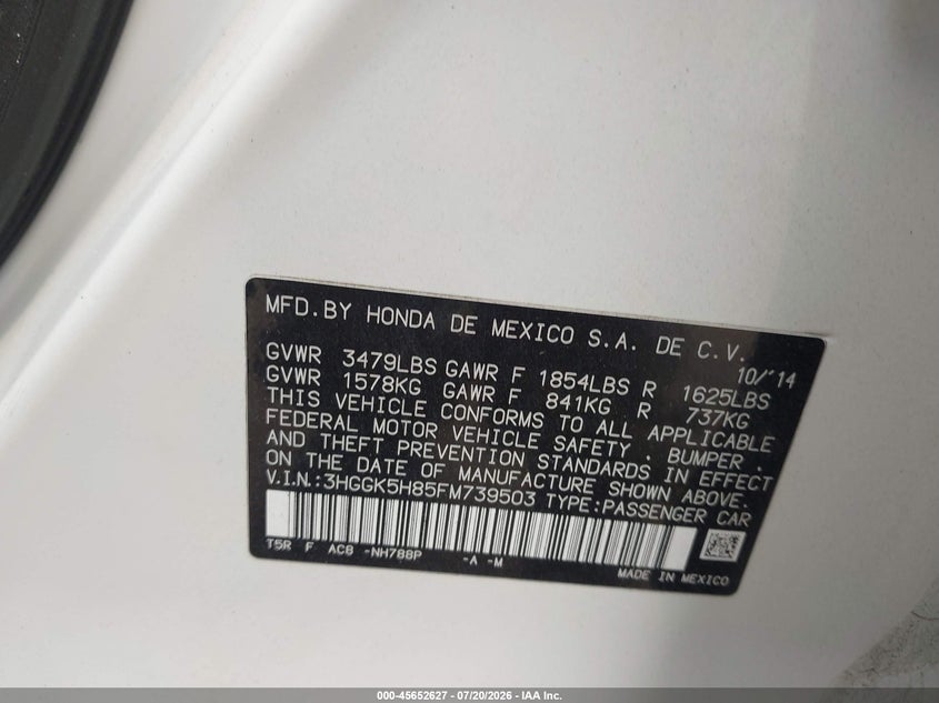 2015 Honda Fit Ex/Ex-L VIN: 3HGGK5H85FM739503 Lot: 45652627