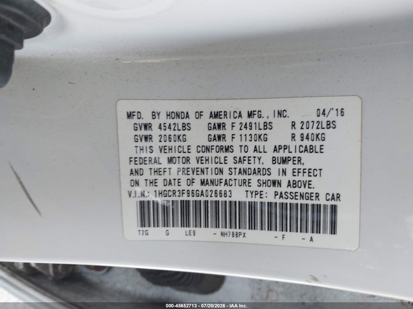 2016 Honda Accord Touring VIN: 1HGCR3F96GA026683 Lot: 45652713