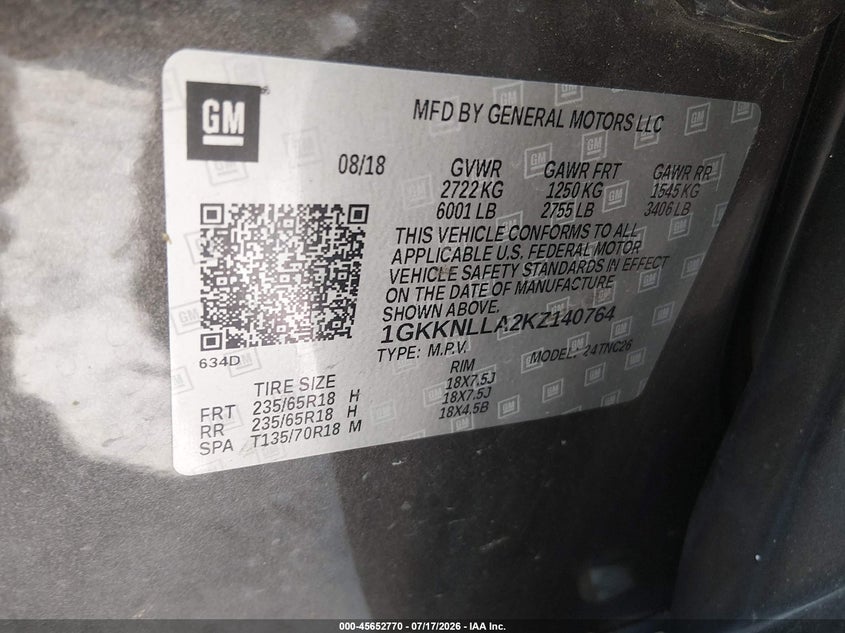 2019 GMC Acadia Sle-2 VIN: 1GKKNLLA2KZ140764 Lot: 45652770