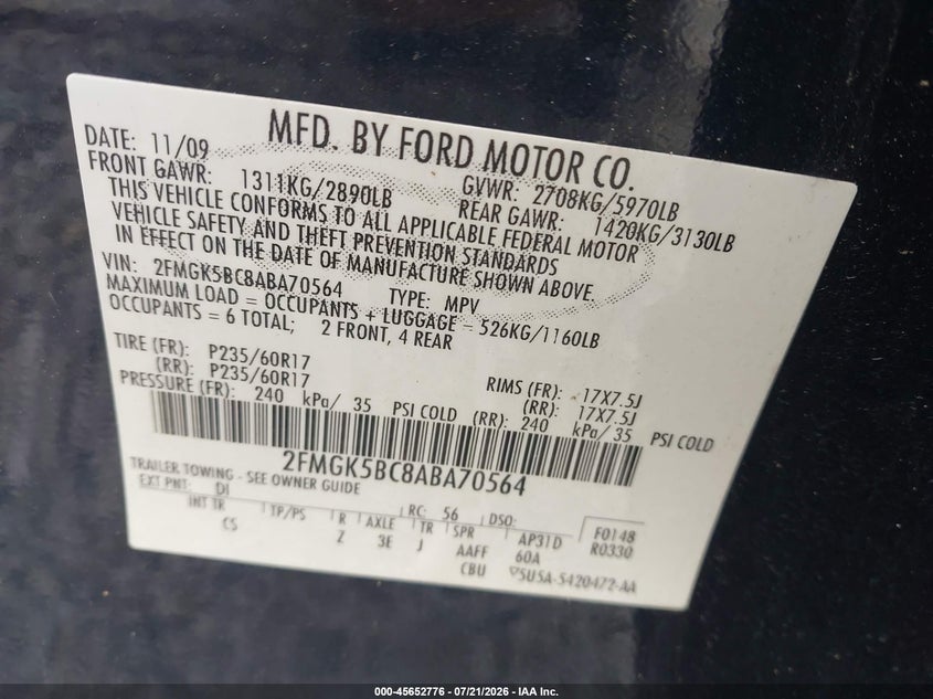 2010 Ford Flex Se VIN: 2FMGK5BC8ABA70564 Lot: 45652776