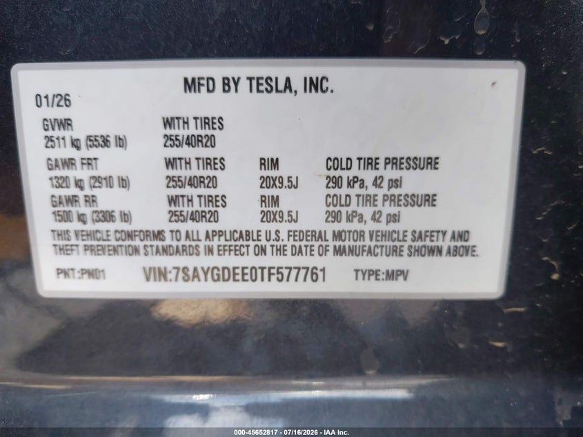 TESLA MODEL Y 2026 VIN 7SAYGDEE0TF577761
