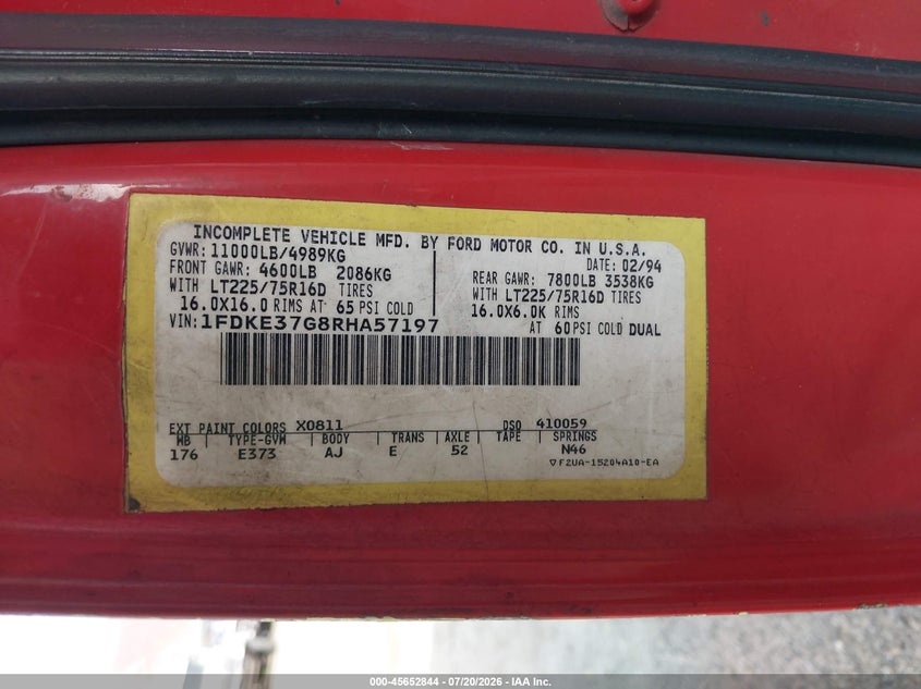 1994 Ford Econoline E350 Cutaway Van VIN: 1FDKE37G8RHA57197 Lot: 45652844