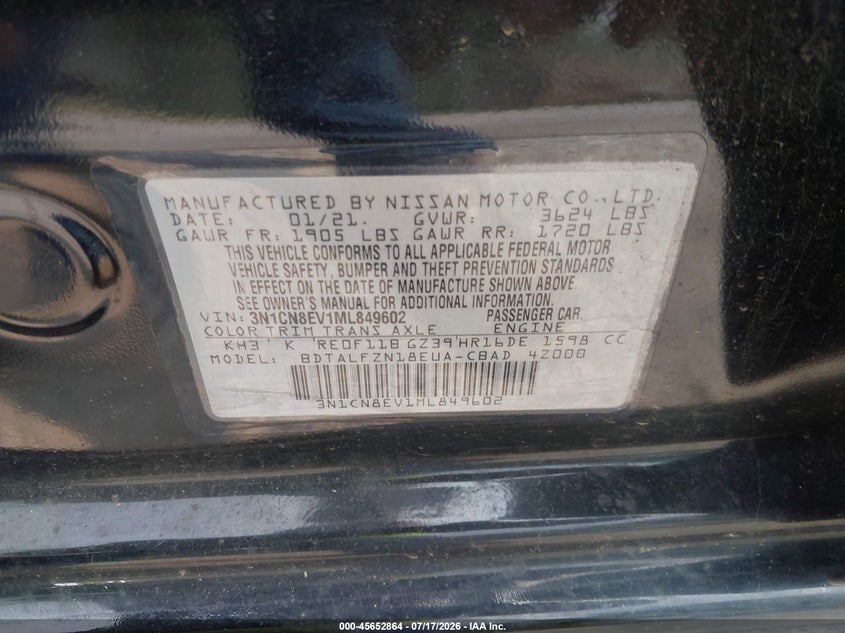 2021 Nissan Versa Sv Xtronic Cvt VIN: 3N1CN8EV1ML849602 Lot: 45652864