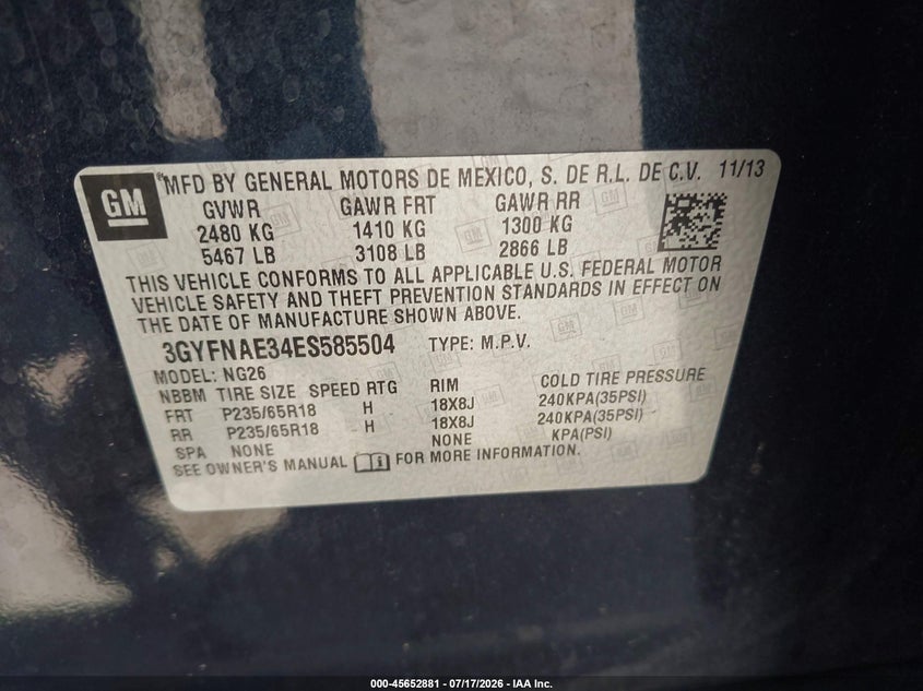 2014 Cadillac Srx Standard VIN: 3GYFNAE34ES585504 Lot: 45652881