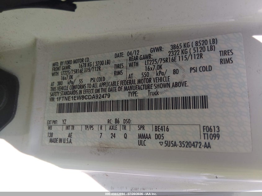 2012 Ford E-150 Commercial VIN: 1FTNE1EW8CDA92479 Lot: 45652894