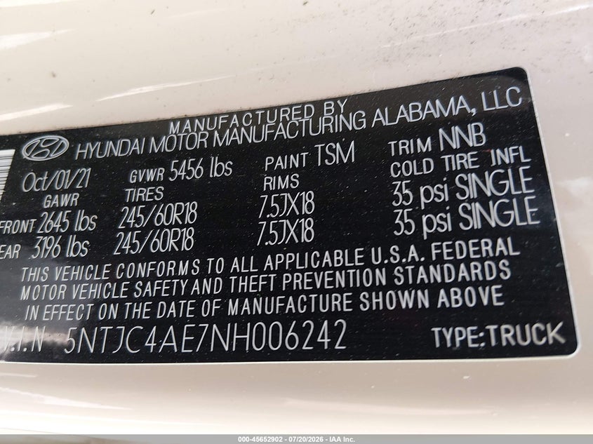 2022 Hyundai Santa Cruz Sel VIN: 5NTJC4AE7NH006242 Lot: 45652902