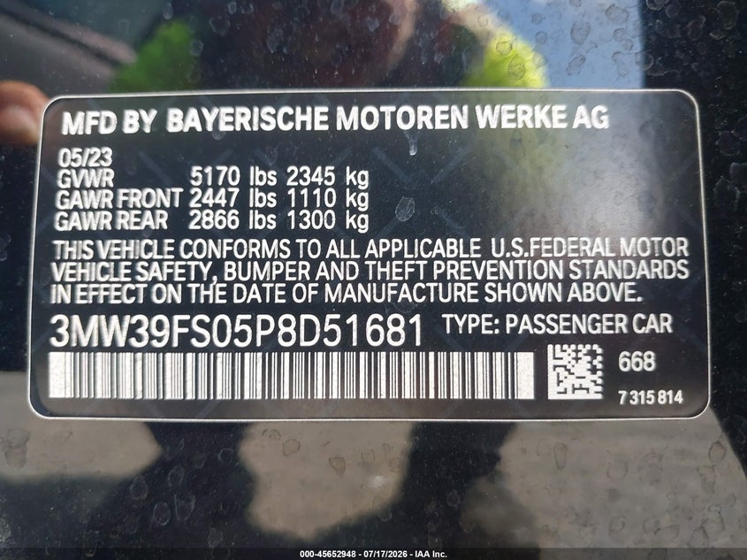 2023 BMW 330E xDrive VIN: 3MW39FS05P8D51681 Lot: 45652948