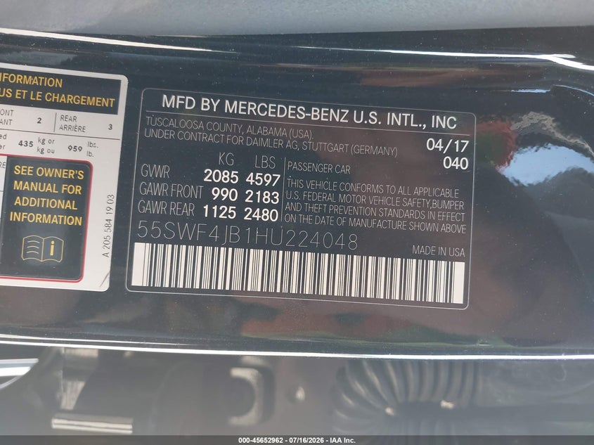 2017 Mercedes-Benz C 300 VIN: 55SWF4JB1HU224048 Lot: 45652962