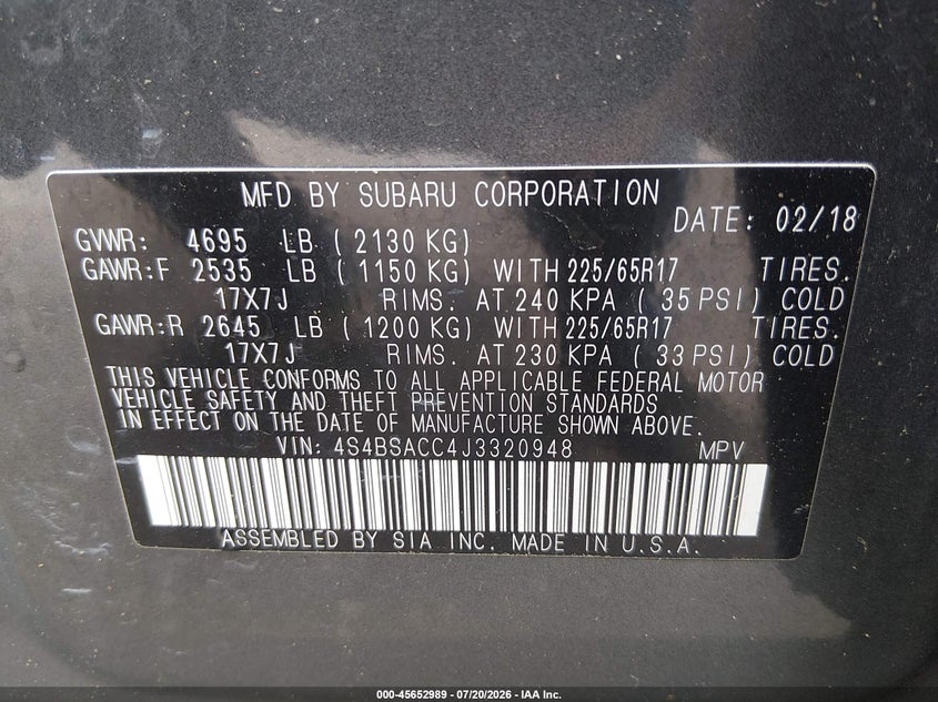 2018 Subaru Outback 2.5I Premium VIN: 4S4BSACC4J3320948 Lot: 45652989