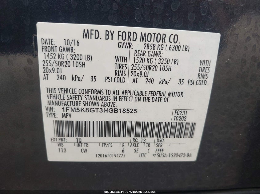 2017 Ford Explorer Sport VIN: 1FM5K8GT3HGB18525 Lot: 45653041