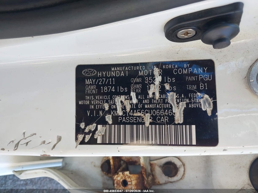 2012 Hyundai Accent Gls VIN: KMHCT4AE6CU066468 Lot: 45653047