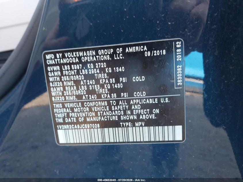 2018 Volkswagen Atlas 3.6L V6 Sel Premium VIN: 1V2NR2CA9JC597028 Lot: 45653049