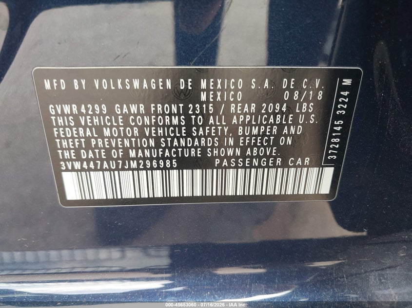 2018 Volkswagen Golf Gti 2.0T Autobahn/2.0T S/2.0T Se VIN: 3VW447AU7JM296985 Lot: 45653060
