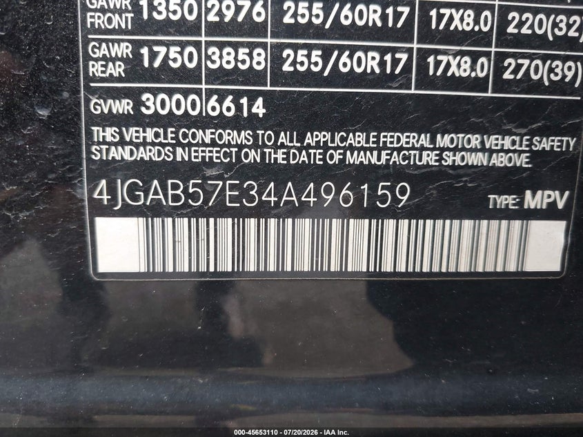 2004 Mercedes-Benz Ml 350 4Matic VIN: 4JGAB57E34A496159 Lot: 45653110