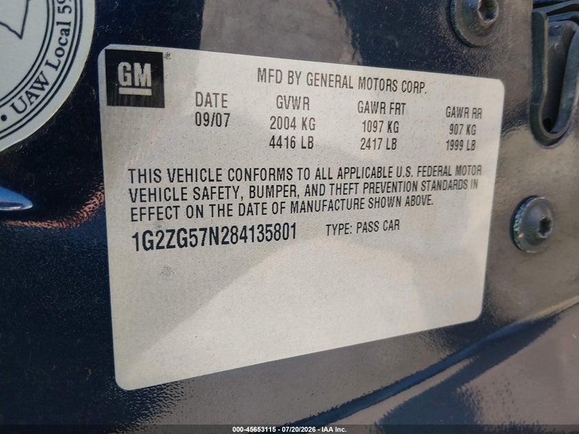 2008 Pontiac G6 VIN: 1G2ZG57N284135801 Lot: 45653115