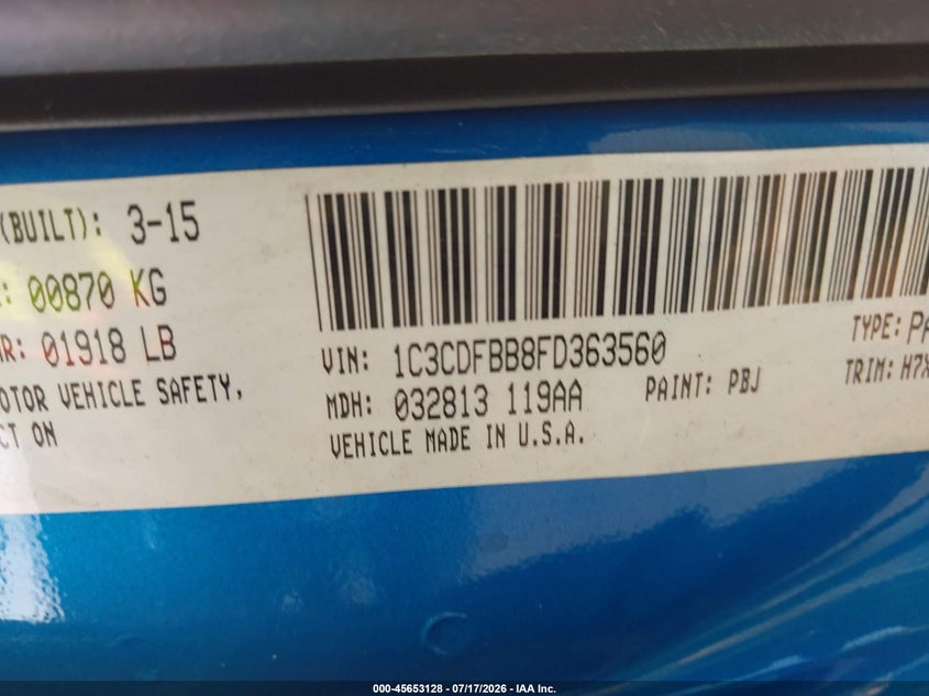 2015 Dodge Dart Sxt VIN: 1C3CDFBB8FD363560 Lot: 45653128