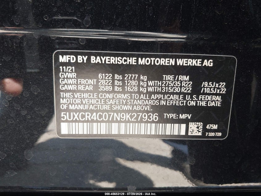 2022 BMW X5 Sdrive40I VIN: 5UXCR4C07N9K27936 Lot: 45653129